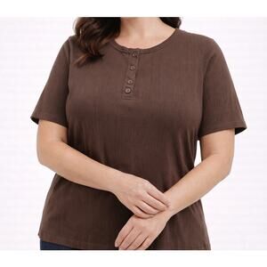T-Shirt Women Henley Brown Ribbed Knit Casual Core Basics Vacation Cruise Size L